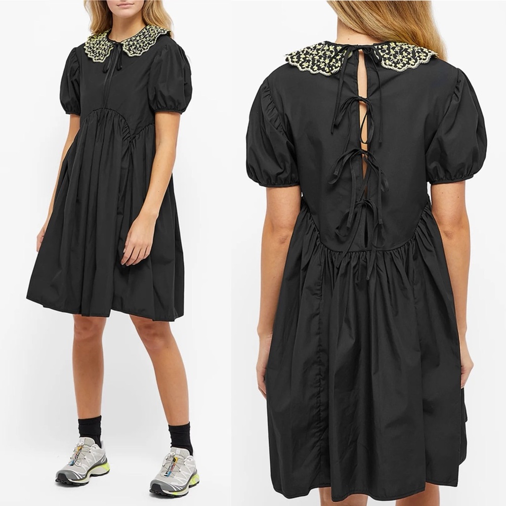 CECILIE BAHNSEN Malou Embroidered Scallop Collar Tie Back Dress in Black
